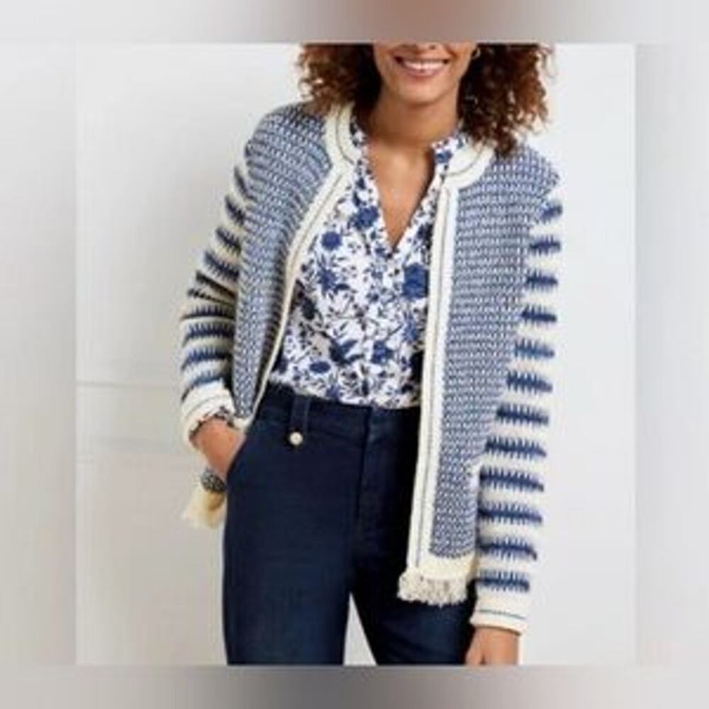 Talbots Blue White Textured Fringe Open Cardigan XL Nautical Preppy Coastal